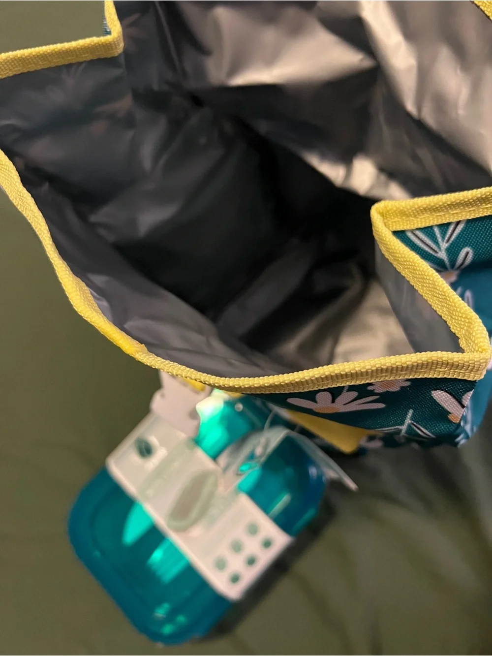 Manna Teal Floral Lunch Tote with Yellow Strap and Teal Blue Glass Lunchbox
